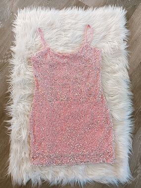 Lucy In The Sky Pink Shimmer Sequin Bodycon Stretch Spaghetti Strap Mini Dress